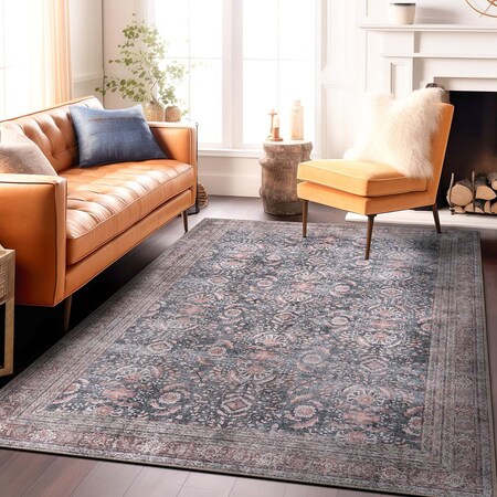 World Rug Gallery Vintage Inspired Machine Washable Non Slip Area Rug 4 ft x 6 ft Charcoal 6029CHARCOAL4X6