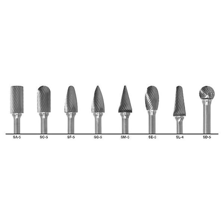Cle-Line 8PC 1/2x1/4 Hardened Steel Shank Double Cut Carbide Cle-Line 1855 Bur Set C17771