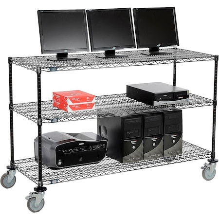 Global Industrial Nexel 3-Shelf Mobile Wire Computer LAN Workstation, 60"W x 24"D x 40"H, Black 695377BK