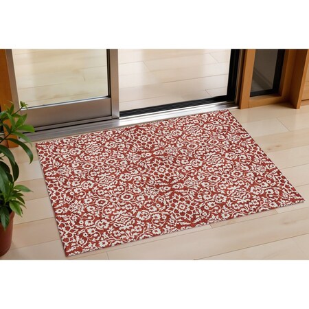 Homeroots 3' X 5' Red And Ivory Damask Washable Indoor Outdoor Area Rug 595187