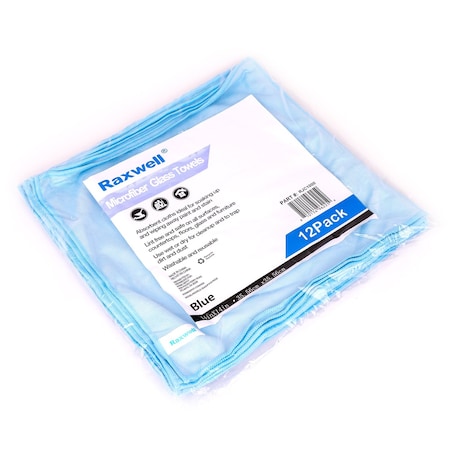 Raxwell Microfiber Cloth, Glass, 14x14, Blue, 12PK RJC1000