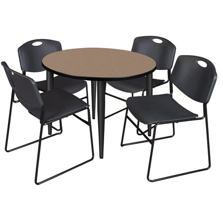 Regency Round Kahlo Breakroom Table W/ 4 Zeng Stack Chairs, 36 in W, 36 in L, Noble Oak TPL36RNDNOBK44BK