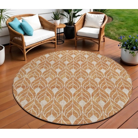 Homeroots 8' Copper And Beige Round Geometric Washable Indoor Outdoor Area Rug 596017