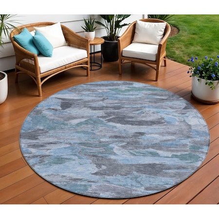 Homeroots 8' Denim Blue And Blue Round Abstract Washable Indoor Outdoor Area Rug 609240