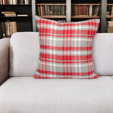 Homeroots 16" Red and White Plaid Cotton Throw Pillow 529173