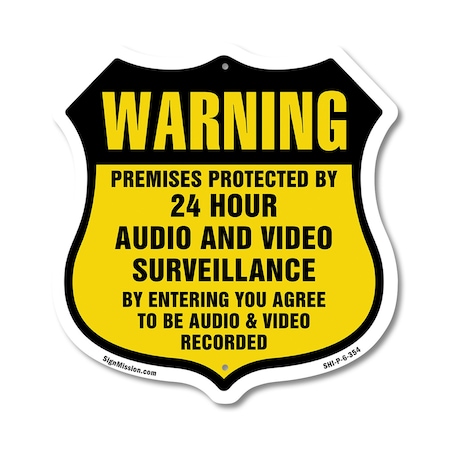 Signmission 24 Hour Surveillance Shield Sign Warning, 6 Inch X 6 Inch, Plastic Sign SHI-P-6-354