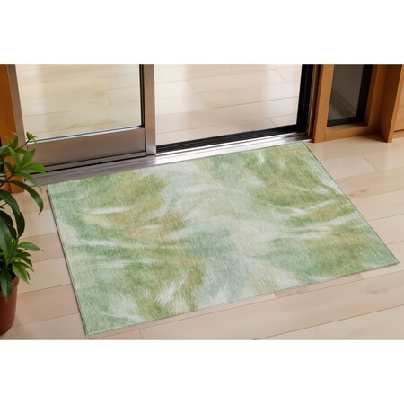 Homeroots 3' X 5' Green And Ivory Abstract Washable Indoor Outdoor Area Rug 631341