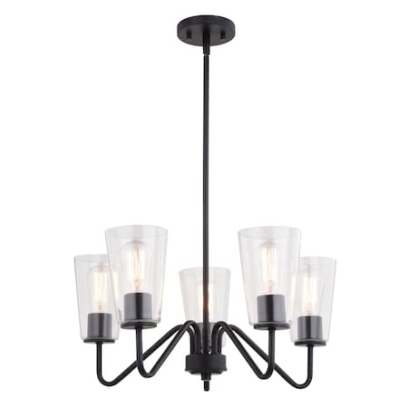 Vaxcel Beverly 5 Light Matte Black Chandelier Fixture Clear Glass Shade, LED Compatible H0284