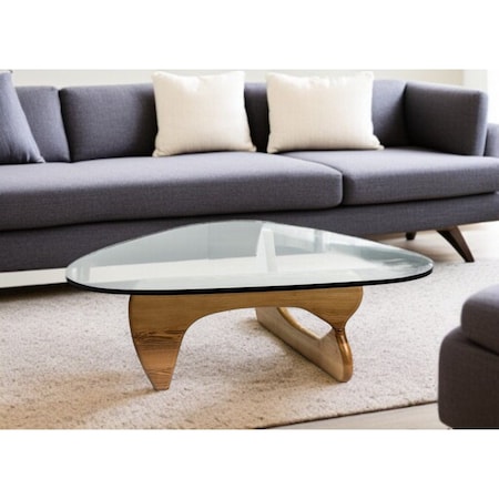 Homeroots 50" Clear And Brown Glass And Solid Wood Triangle Coffee Table 520854