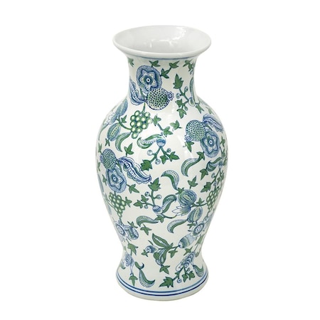 Homeroots 19" White Blue And Green Floral Urn Porcelain Table Vase 574212