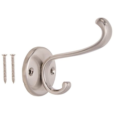 Prosource Coat and Hat Hook, 33 lb, 2-Hook, 1 in Opening, Zinc, Satin Nickel H-031-SN
