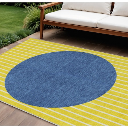 Homeroots 8' X 10' Yellow And Blue Striped Washable Indoor Outdoor Area Rug 597214