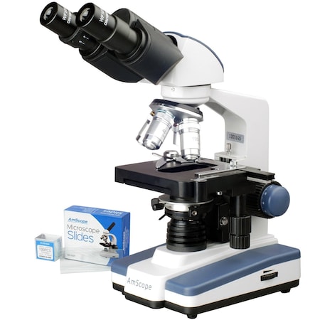 Amscope B020 LED Lab Compound Microscope 40X-2500X Magnification w/3D Two-Layer Mechanical Stage + Slides B020C-50P100S22