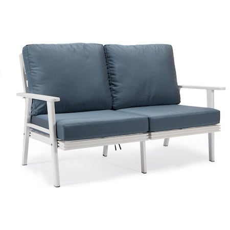 Leisuremod Walbrooke Modern Outdoor Patio Loveseat with White Aluminum Frame and Removable Cushions, Navy Blue WW-57-27NBU