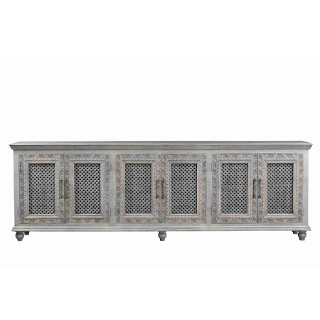 Homeroots 111" Gray Distressed Solid Wood Carved Floral Sideboard with Six Doors 642289