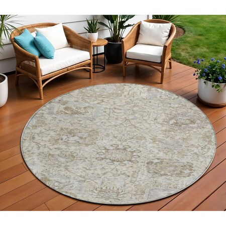 Homeroots 8' Ivory Brown And Gray Round Damask Washable Indoor Outdoor Area Rug 603763