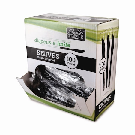 Berkley Square Dispens-a-Knife, Individually Wrapped, Mediumweight Knife, Plastic, Black, 100PK BEP90200