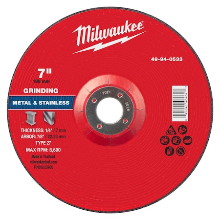 Milwaukee Tool Grinding Wheel, 7" dia. 49-94-0533