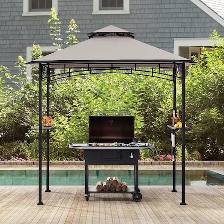Sunjoy 5 ft. x 8 ft. Black Steel 2-tier Grill Gazebo with Gray and Black Canopy A103002201