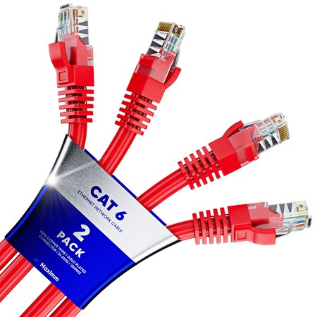 Maximm 25ft Cat6 Pure Copper UTP Ethernet Cable, 2PK, Red, 2PK CAT6718