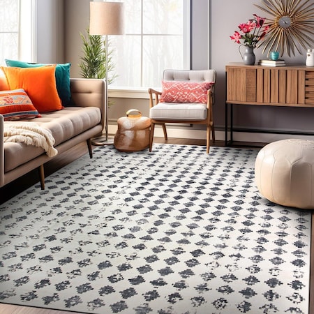 World Rug Gallery Geometric Distressed Abstract Washable Non Slip Area Rug 5 ft x 7 ft Ivory WR69IVORY5X7