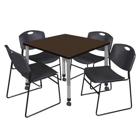 Regency Square Kee Mobile Adjustable Classroom Table W/ 4 Zeng Stack Chairs, 36 in W, 36 in L, Neo Walnut TB3636NWAPCGY44BK