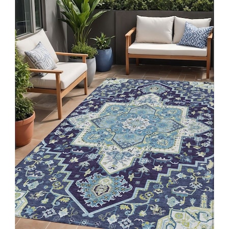 Homeroots 5' X 8' Navy Blue Ivory And Black Oriental Washable Indoor Outdoor Area Rug 600169
