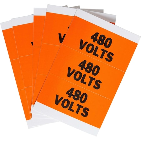 Brady Porta-Pack 480 VOLTS Labels, 0.563in H x 3.25in W x 0.0073in D, Black on Orange, 5PK 44503