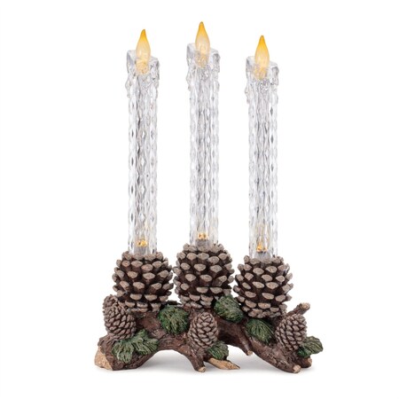 Homeroots Set of Three Clear Flameless Taper Candles In Brown And Green Resin Pinecone Holder, 3PK 633980