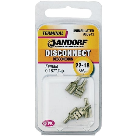Jandorf Disconnect Terminal, 22 to 18 AWG Wire, Copper Contact, 5PK 60943