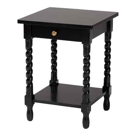 Baxton Studio Niklas Nightstand with Twisted Legs - 1-Drawer Bedroom Side Table with Storage Shelf, Black 266-14636-ZORO
