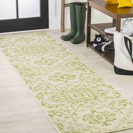 Jonathan Y Estrella Bohemian Medallion Textured Weave Cream/Green 2 ft. x 10 ft. Indoor/Outdoor Runner Rug SMB105E-210