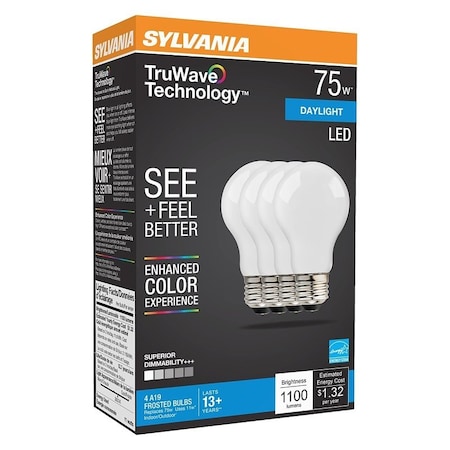 Sylvania LED Bulb, General Purpose, A19 Lamp, 75 W Equivalent, E26 Lamp Base, Dimmable, 5000 K Color Temp 40663