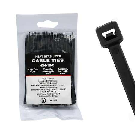 Cable Ties Unlimited Heat Stabilized Cable Tie, 4 in L, 18 lb Strength, 1 in Max Bundle Dia, Nylon, UV-Res, Blk, 100PK HS4-18-C