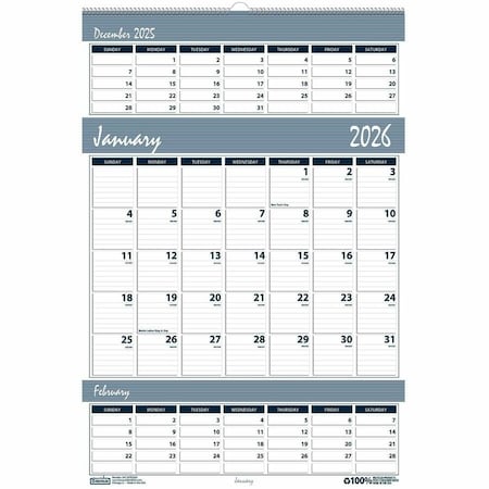 House Of Doolittle 12 x 17" Wall Calendar Bar Harbor Wirebound Three-Months-Per-Page, Blue/Gray HOD342