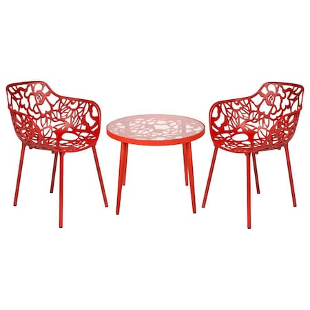 Leisuremod Devon 3-Piece Patio Dining Set, Tempered Glass Top Table & 2 Stackable Arm Chairs, Red DT20CAR2