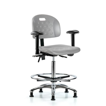 Blue Ridge Ergonomics Poly Chair Chrome-High Bench Height with Adj Arms, Chrome Foot Ring, & Stationary Glides in Gray Poly HPHBCH-CR-T0-A1-CF-RG-GRY