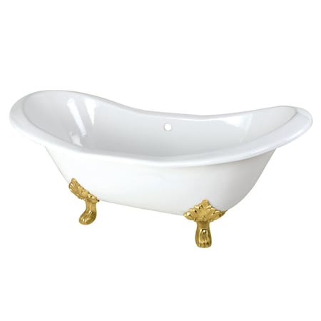 Kingston Brass 72" Cast Iron Oval Double Slipper Clawfoot Tub, No Faucet Drillings, White/Brushed Brass VCTND7231NC7