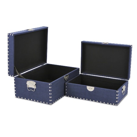 Homeroots Set of Two Navy Blue Wood Fabric And Metal Box With Lid, 2PK 489387