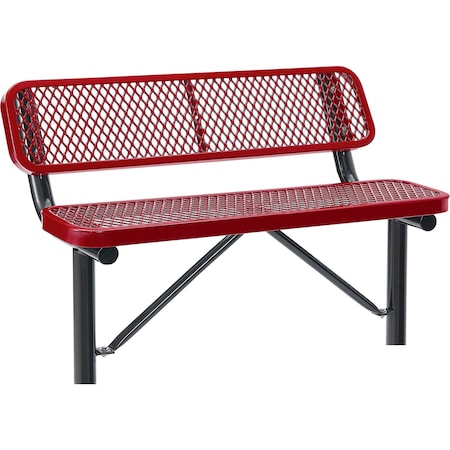 Global Industrial 4' Outdoor Steel Bench w/ Backrest, Expanded Metal, In Ground Mount, Red 695743IRD