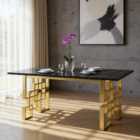 Homeroots 79" Black and Gold Marble and Metal Double Pedestal Base Dining Table 602329