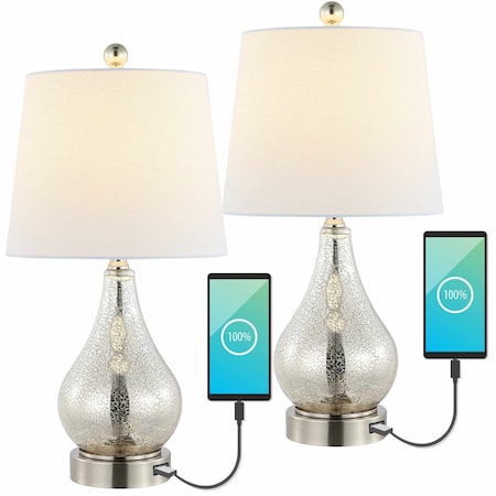 Jonathan Y Dino 21" Farmhouse Industrial Iron/Glass LED Table Lamp with USB Charging Port, Silver, 2PK JYL1109A-SET2