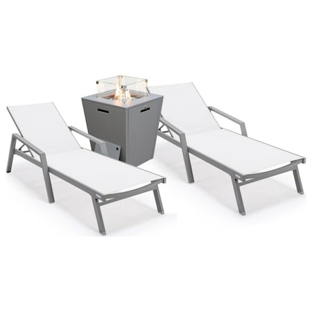 Leisuremod Marlin Grey Aluminum Patio Chaise Lounge Chair With Arms Set of 2 with Square Fire Pit Table, White MLAGRCF21-77W2