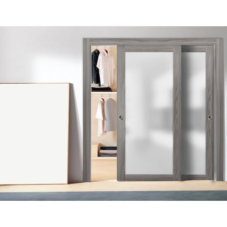 Sartodoors Closet Bypass Sliding 36x80 Planum 2102 Ginger Ash Rails Trims Pulls Hardware Set Modern Core  Glass PLANUM2102DBD-GA-36