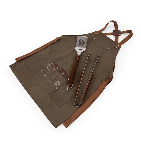 Picnic Time Family Of Brands BBQ Apron with Tools & Bottle Opener, Khaki Green with Brown Accents 636-89-140-000-0