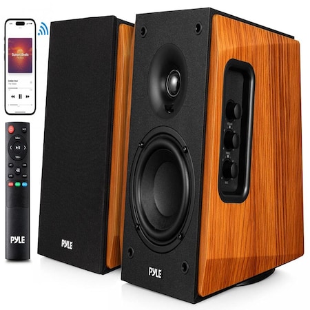 Pyle Powered Bookshelf Speaker System with Bluetooth, 80W Active Stereo Speakers, Bass Reflex Natural PBKSP25NC