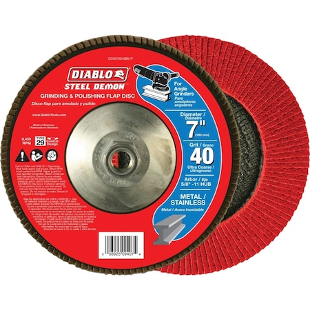 Diablo 7'' x 5/8''-11 40-Grit Type 29 Steel Demon Angle Grinder Flap Disc with Hub DCX070040B01F