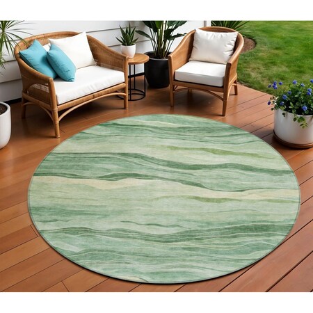 Homeroots 8' Green Round Striped Washable Indoor Outdoor Area Rug 608114