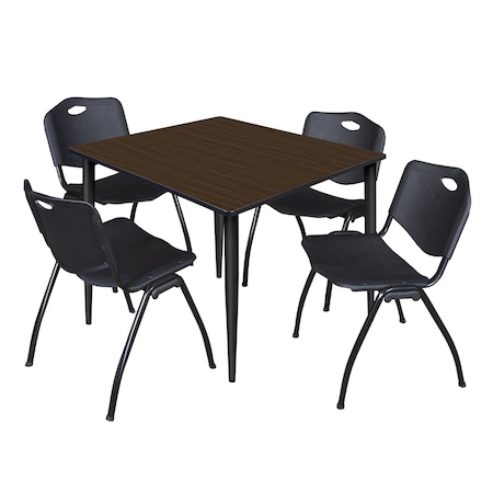 Regency Square Kahlo Breakroom Table W/ 4 M Stack Chairs, 48 in W, 48 in L, Neo Walnut TPL4848NWBK47BK
