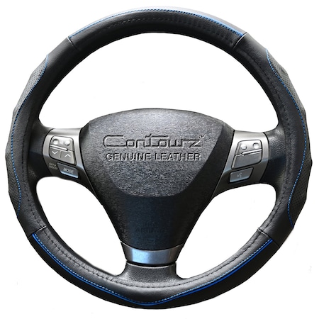 Dash Designs Comfort Grips Contourz Pro Grip Leather 14.5in - 15.5in Steering Wheel Cover - Black / Blue 3402BL